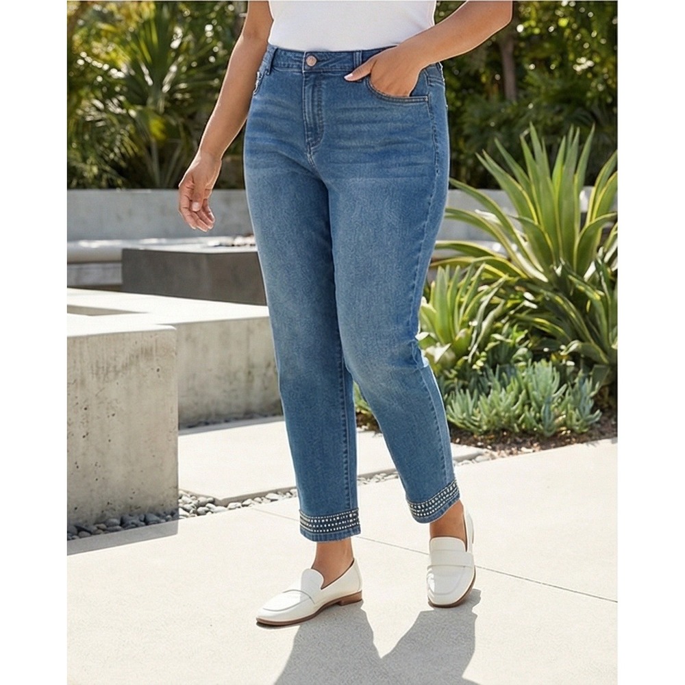 Catherine's Womens 20W Blue Studded Hem Straight Leg Elastic Waist Jeans